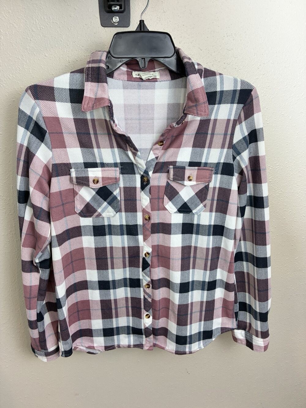 Passport Girl Soft Plaid Mauve Blue Button-Up Shirt Size 12 Western